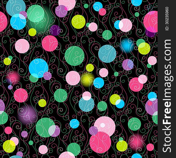 Seamless dark pattern with vivid colorful balls and curls (vector EPS 10). Seamless dark pattern with vivid colorful balls and curls (vector EPS 10)