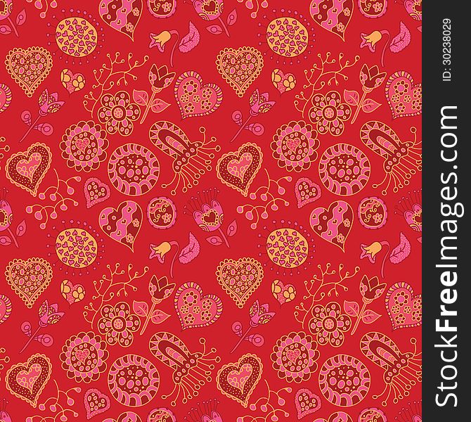 Heart and flowers seamless pattern