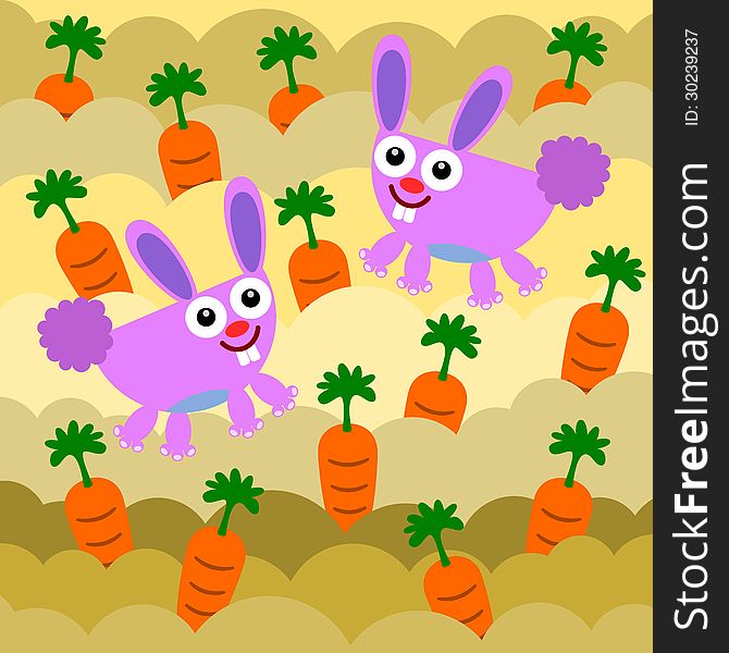 Illustration of cartoon bunnies on a carrot patch