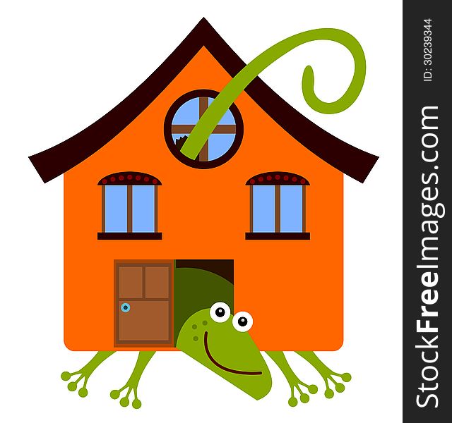 A humorous illustration of a lizard inside a house. A humorous illustration of a lizard inside a house