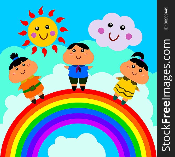 A cute illustration of three happy people on a rainbow