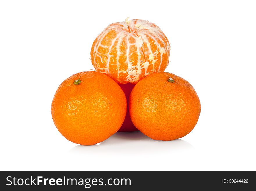 Fresh mandarines and peeled mandarine  on white background