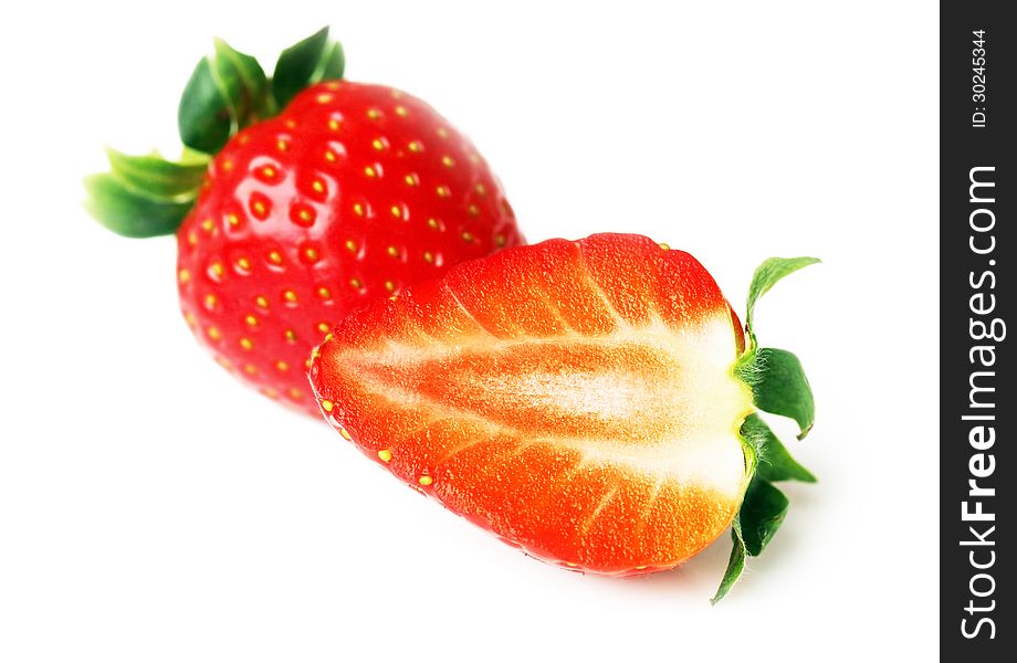 fruits - Two Strawberries on white background.