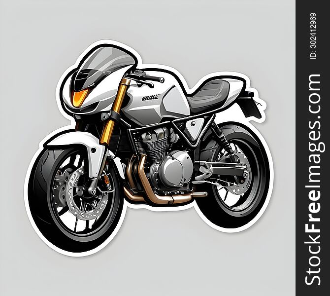 The image depicts a sticker of a classic-style motorcycle. The motorcycle is predominantly white with black details and golden accents. It features a sleek design with an aerodynamic shape and modern aesthetics. The engine is detailed and visible it�s metallic with intricate designs showing the mechanical components. The wheels are black with silver alloys the front wheel is turned slightly to the right. There�s no background it�s cut out in the shape of the motorcycle making it ideal for sticking on various surfaces. The image depicts a sticker of a classic-style motorcycle. The motorcycle is predominantly white with black details and golden accents. It features a sleek design with an aerodynamic shape and modern aesthetics. The engine is detailed and visible it�s metallic with intricate designs showing the mechanical components. The wheels are black with silver alloys the front wheel is turned slightly to the right. There�s no background it�s cut out in the shape of the motorcycle making it ideal for sticking on various surfaces.