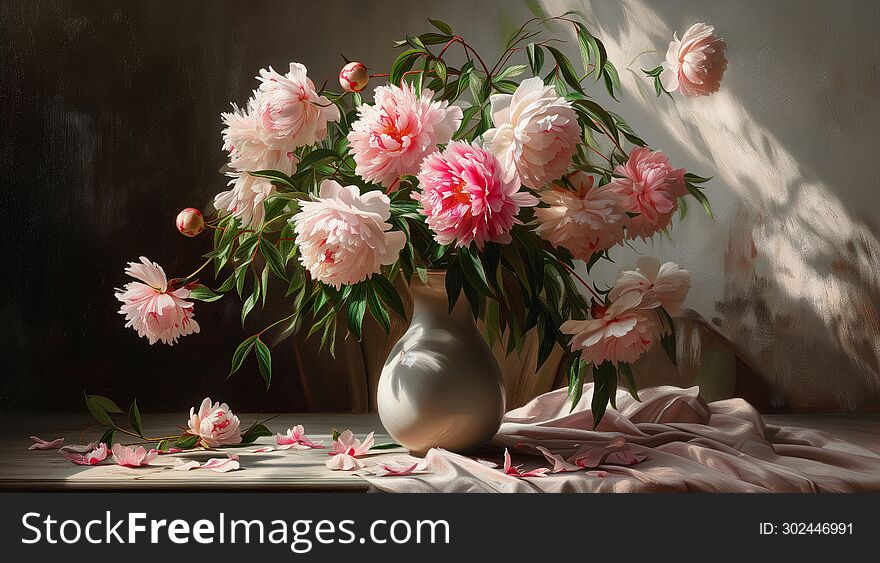 Immerse yourself in the timeless beauty of peonies standing gracefully in a vase on a table. This enchanting composition captures the lushness and delicate charm of peonies, creating a scene that exudes elegance and sophistication. Immerse yourself in the timeless beauty of peonies standing gracefully in a vase on a table. This enchanting composition captures the lushness and delicate charm of peonies, creating a scene that exudes elegance and sophistication.