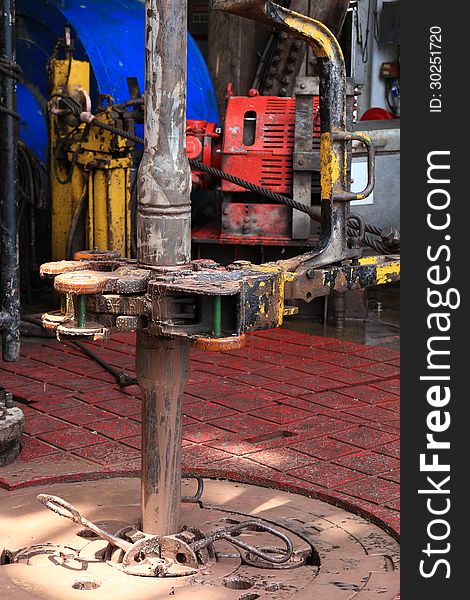 Drill pipe and rig tong on the rig floor while making up for drilling