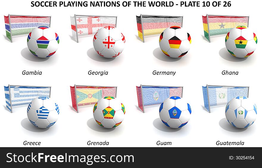 Three dimensional render of soccer playing nations. Plate 10 of 26. Three dimensional render of soccer playing nations. Plate 10 of 26