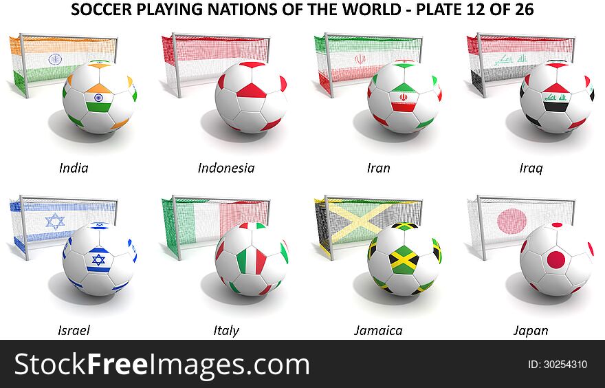Three dimensional render of soccer playing nations. Plate 12 of 26. Three dimensional render of soccer playing nations. Plate 12 of 26