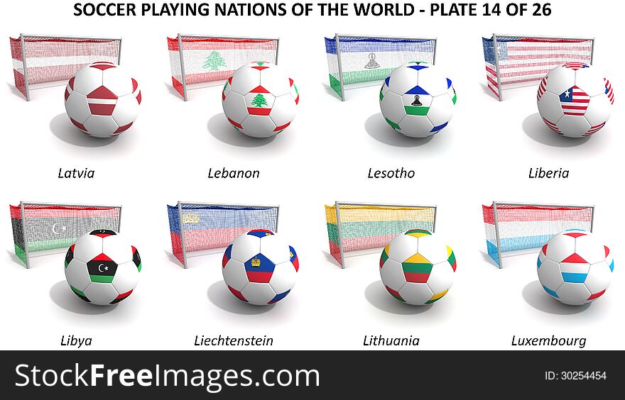 Three dimensional render of soccer playing nations. Plate 14 of 26. Three dimensional render of soccer playing nations. Plate 14 of 26