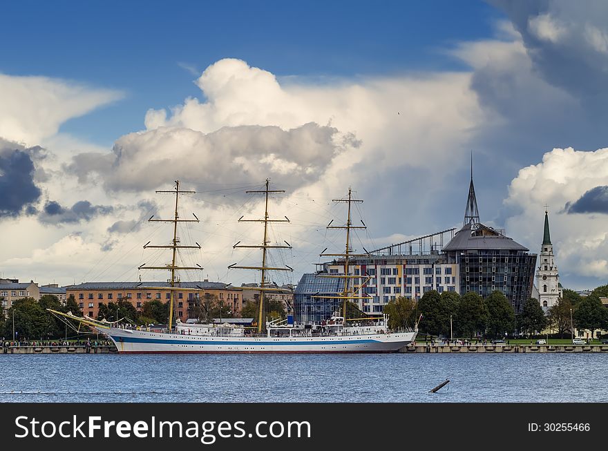 View on seaport of Riga city from embankment of the Daugava river, Latvia