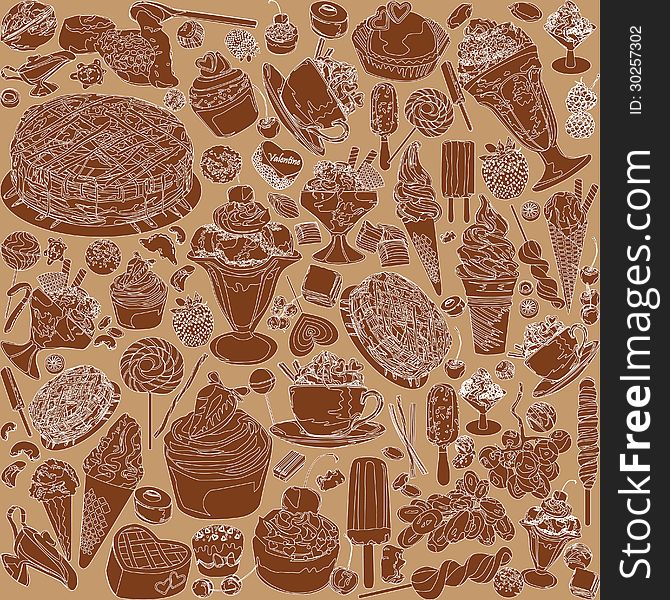 Seamless background with different sweets in shades of brown. Seamless background with different sweets in shades of brown