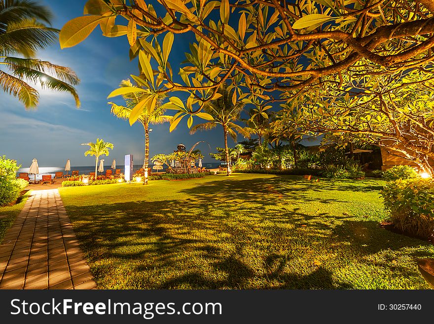 Indonesia bali benoa. The moonlight shone on the lawn. The sea is not far away. Indonesia bali benoa. The moonlight shone on the lawn. The sea is not far away.