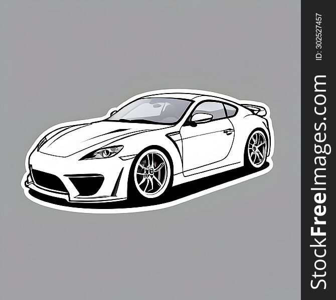 The image depicts a sticker of a sleek white sports car with black outlines and details. The car is highly detailed with visible aerodynamic features and alloy wheels. It has an aggressive stance that highlights its performance-oriented nature. The background is grey which makes the white color of the car pop out. The sticker has a contour cut that follows the shape of the car. The image depicts a sticker of a sleek white sports car with black outlines and details. The car is highly detailed with visible aerodynamic features and alloy wheels. It has an aggressive stance that highlights its performance-oriented nature. The background is grey which makes the white color of the car pop out. The sticker has a contour cut that follows the shape of the car.