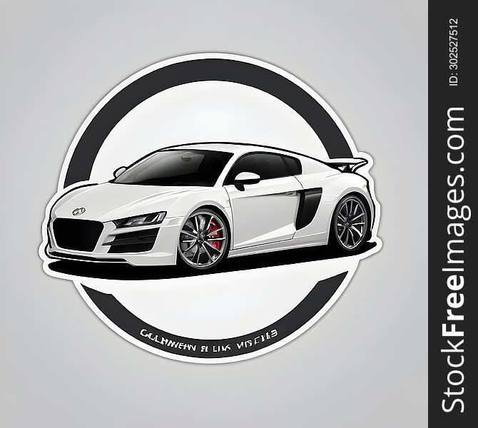 The image is of a sticker featuring a detailed illustration of a white sports car with black accents. The car is depicted from the side view showcasing its aerodynamic design and large wheels. It has red brake calipers visible behind the dark rims of the wheels which adds to the sporty aesthetic. The background consists of concentric circles in alternating black and white colors creating a bold contrast. There is text at the bottom curve of the circular border but it’s not clearly readable. The image is of a sticker featuring a detailed illustration of a white sports car with black accents. The car is depicted from the side view showcasing its aerodynamic design and large wheels. It has red brake calipers visible behind the dark rims of the wheels which adds to the sporty aesthetic. The background consists of concentric circles in alternating black and white colors creating a bold contrast. There is text at the bottom curve of the circular border but it’s not clearly readable.