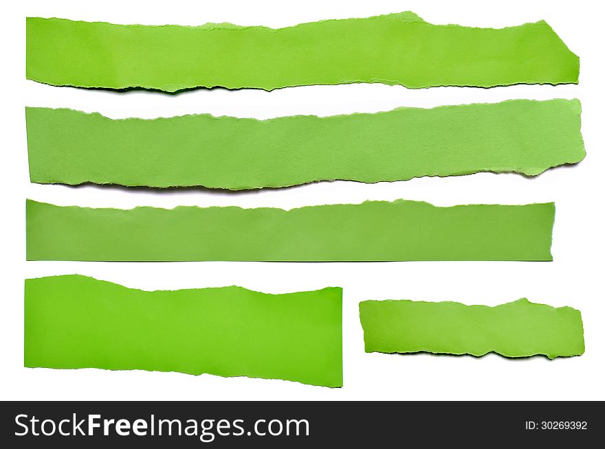 Collection of green paper tears, isolated on white with soft shadows. Collection of green paper tears, isolated on white with soft shadows.