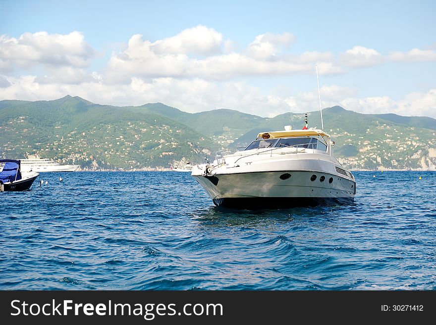 Small yacht in the sea in Portofino. Small yacht in the sea in Portofino
