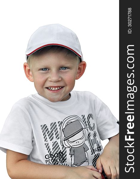 Emotions of children in different situations, facial expressions, gestures, posture, boy in a baseball cap on a white background. Emotions of children in different situations, facial expressions, gestures, posture, boy in a baseball cap on a white background