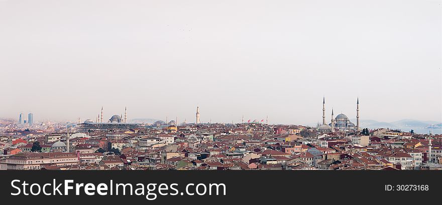 Horizontal panorama of Istanbul. There are many buildings and mosques. Prince Islands are visible in the background. Horizontal panorama of Istanbul. There are many buildings and mosques. Prince Islands are visible in the background.