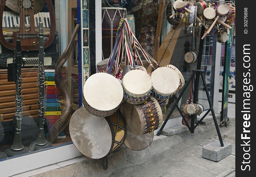 Souvenir drums in a Istanbul street shop. Souvenir drums in a Istanbul street shop