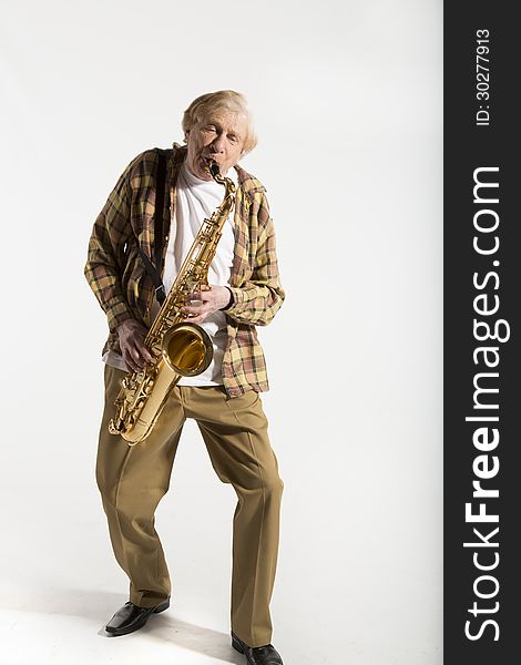 Portrait of a saxophonist on a white background. Portrait of a saxophonist on a white background