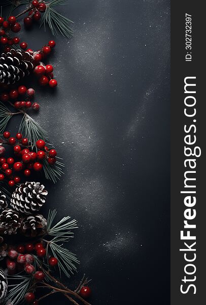 Dive into the holiday spirit with a mysterious dark background, adorned by festive red berries, pine cones, and branches. Dive into the holiday spirit with a mysterious dark background, adorned by festive red berries, pine cones, and branches.