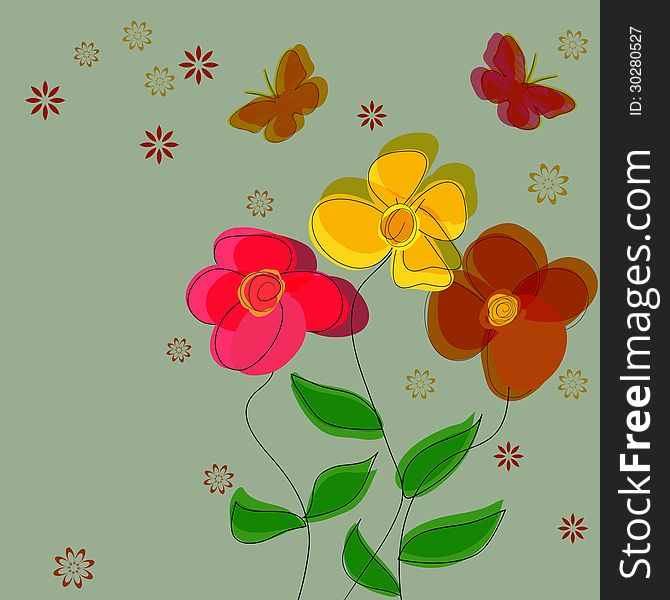 Simple Flower Vector Background With Butterflies.