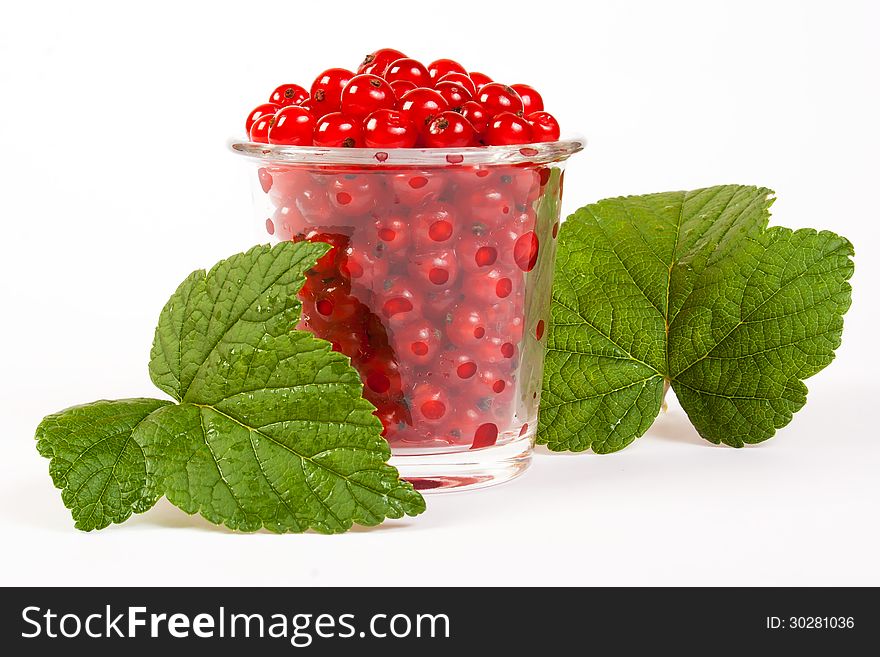 Red currants in a glass with green leaves. Red currants in a glass with green leaves