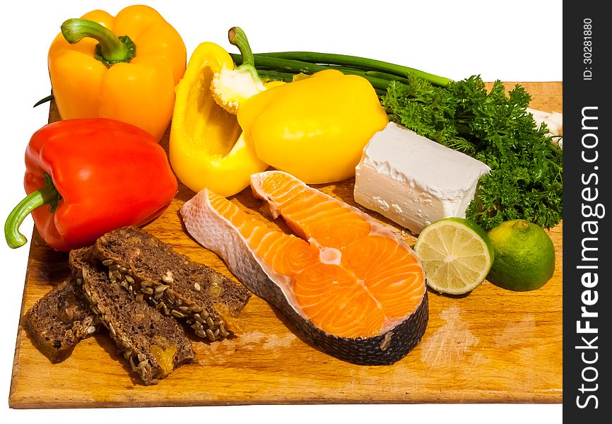 Food ingredients for fish salad with salmon and bell pepper. Food ingredients for fish salad with salmon and bell pepper