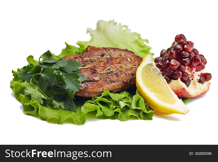Grilled Steak With Salad And Lemon  On White