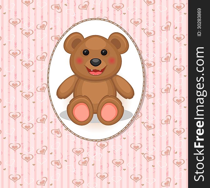 Pink greeting baby card with toy bear and hearts