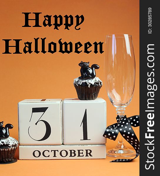 Happy Halloween Save The Date White Block Calendar With Champagne Glass And Chocolate Muffins - Vertical With Text