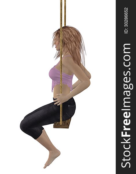 Digitally rendered image of a woman in pink top on swing over white background. Digitally rendered image of a woman in pink top on swing over white background.
