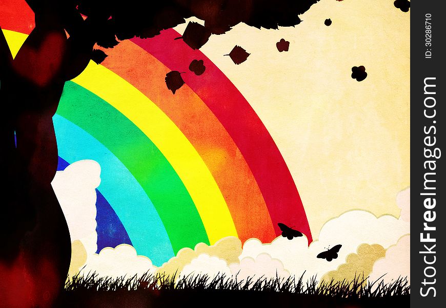Grunge Tree Silhouette And Rainbow