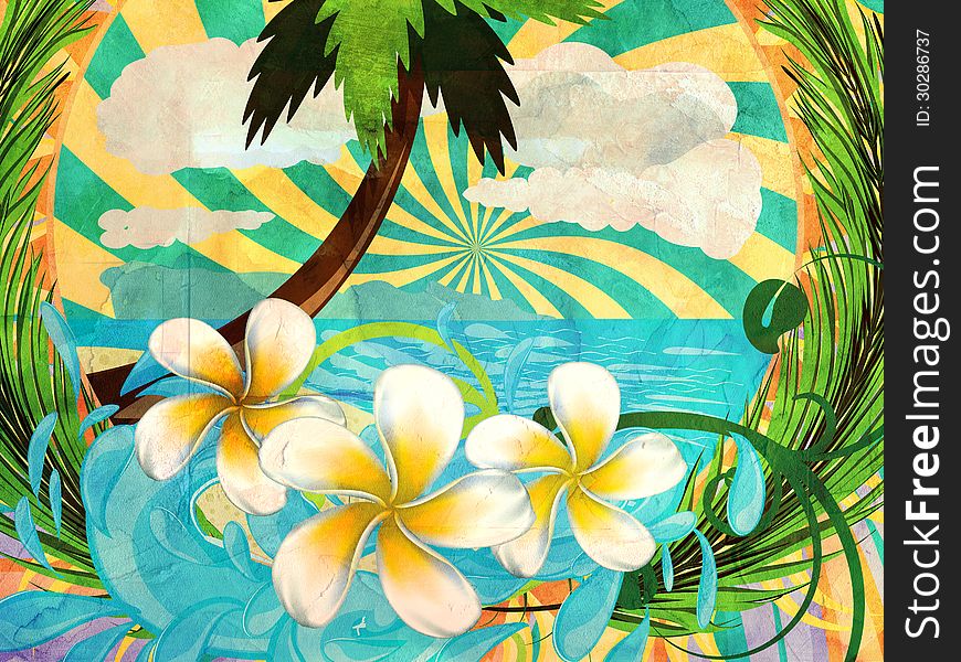 Sunny tropical island with palm tree and splashing water, grunge background. Sunny tropical island with palm tree and splashing water, grunge background.