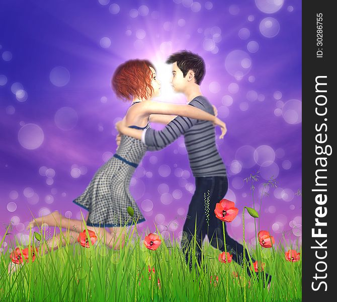 3d girl and boy embracing on poppy field background. 3d girl and boy embracing on poppy field background.