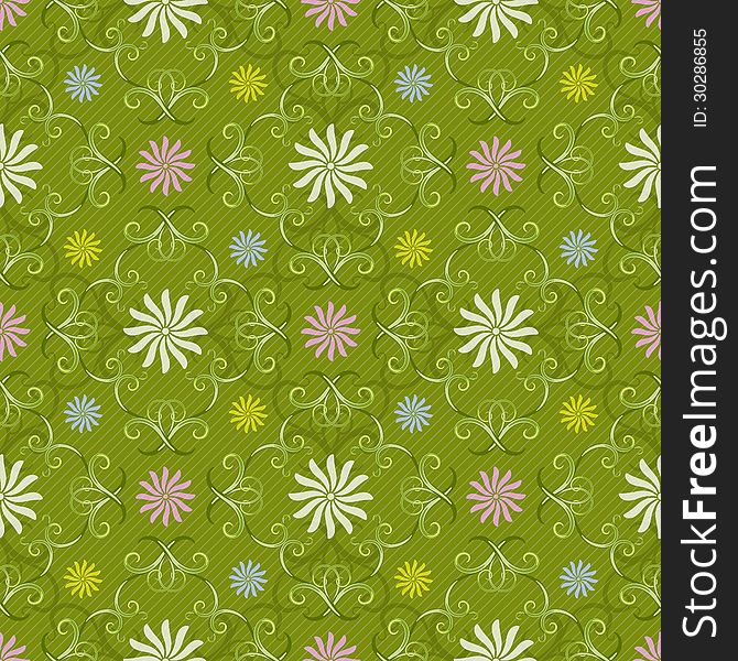 Seamless spring green pattern with vintage curls and pastel flowers and diagonal strips (vector EPS 10). Seamless spring green pattern with vintage curls and pastel flowers and diagonal strips (vector EPS 10)