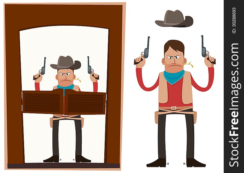 Cowboy entering saloon carrying pistols in his both hands. Cowboy entering saloon carrying pistols in his both hands.