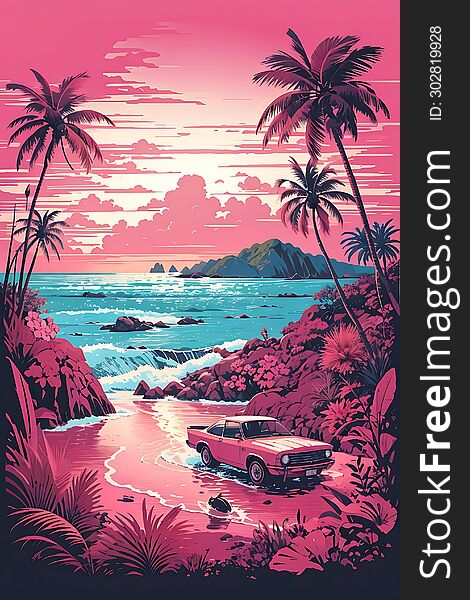 Image of a vacation atmosphere with a tropical sea in pink tones, featuring the sky, trees, sea, mountains, and classic cars.