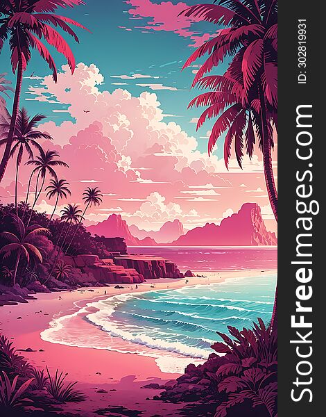 Image Of A Tropical Sea Atmosphere In Pink Tones