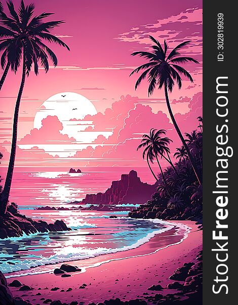 Design for a t-shirt with a tropical sea atmosphere in the moments before sunset.