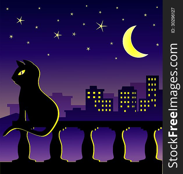 Cat sitting on the balcony in midnight undre the stars and half moon with suburban background. Cat sitting on the balcony in midnight undre the stars and half moon with suburban background