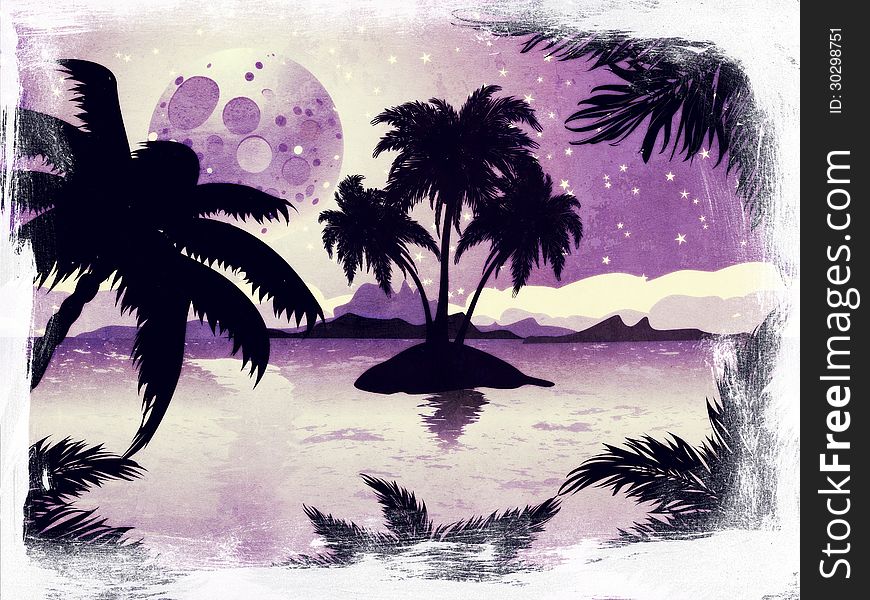 Palm trees silhouette on grunge night tropic beach background with abstract moon. Palm trees silhouette on grunge night tropic beach background with abstract moon.