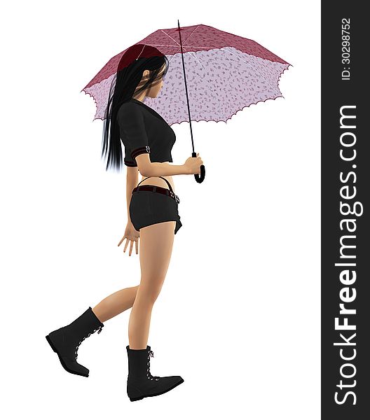 Digitally rendered image of a woman with red umbrella on white background. Digitally rendered image of a woman with red umbrella on white background.