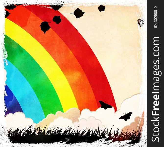 Silhouette of grass and butterflies over grunge background with rainbow and clouds. Silhouette of grass and butterflies over grunge background with rainbow and clouds.