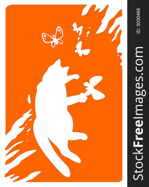 White silhouette of the cat catching butterflies on a grunge orange background. White silhouette of the cat catching butterflies on a grunge orange background.