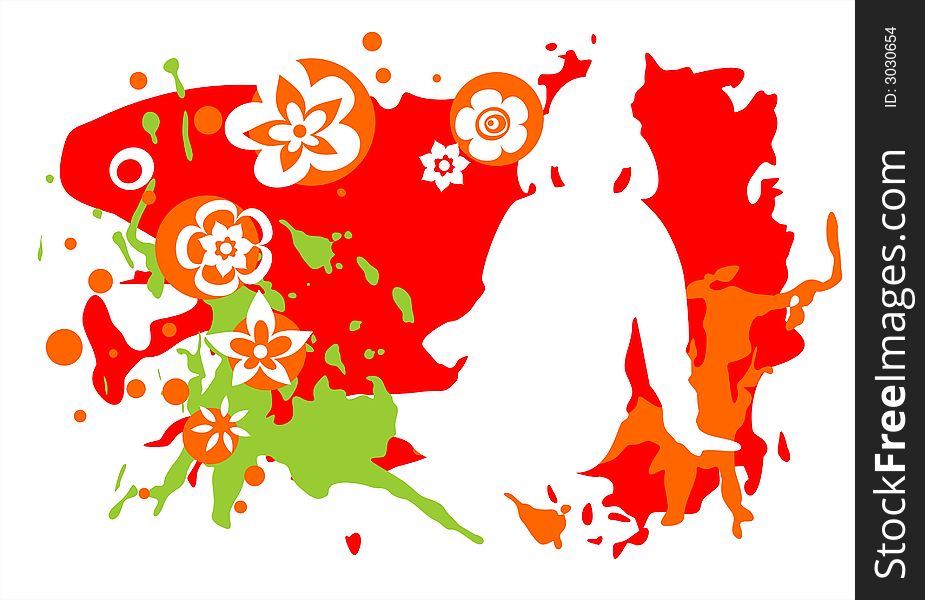 White silhouette of the girl on a grunge red flowers background. White silhouette of the girl on a grunge red flowers background.