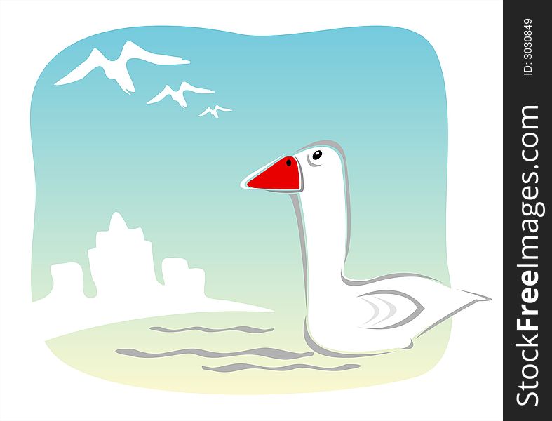 The city goose on a background of silhouettes of buildings looks in a trace to departing birds. The city goose on a background of silhouettes of buildings looks in a trace to departing birds.