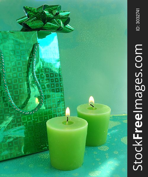 Green Gift Bag And Candles