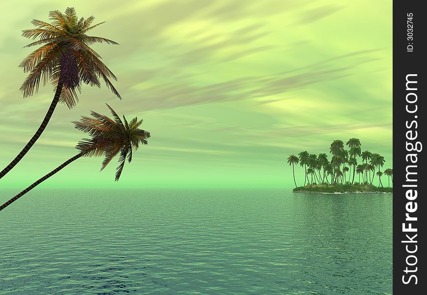 Sunset coconut palm trees on small island - 3d illustration.