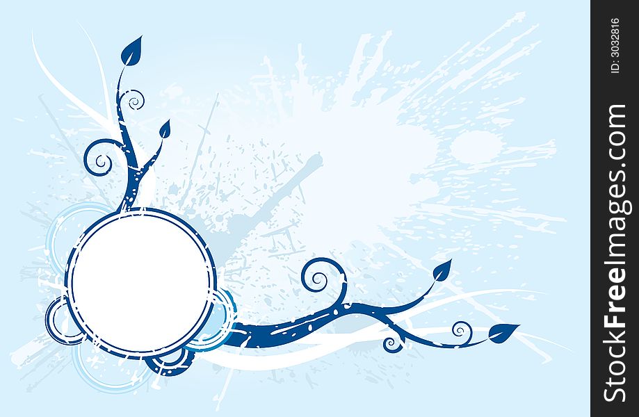 Vector blue grunge background with spirals and leaves. Vector blue grunge background with spirals and leaves